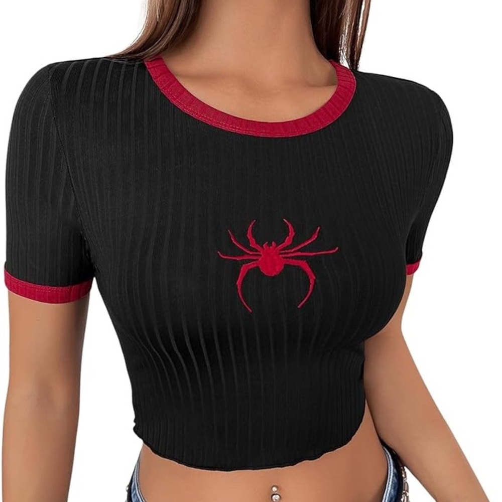 Spiderman Embroidered Ringer Tee T Shirt Crop Top